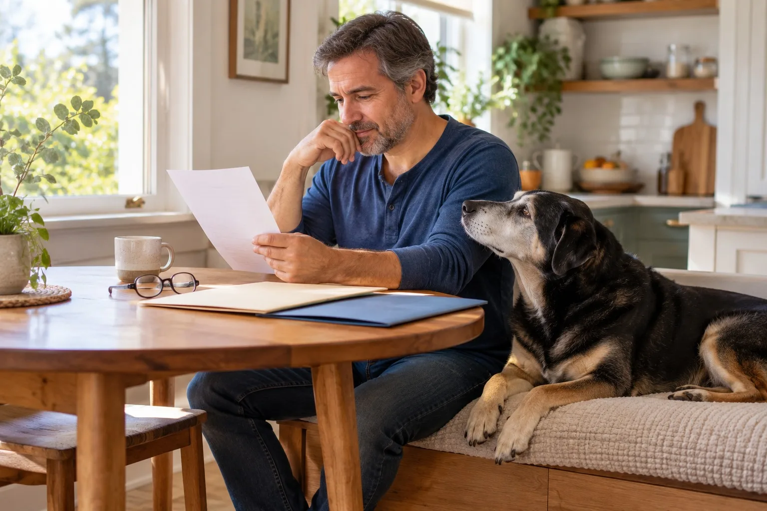 Owner considering papers at a table with a dog beside him
